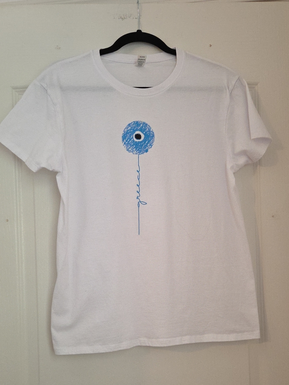 White Short Sleeve Tee with Blue GREECE Graphic